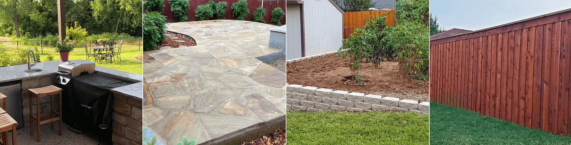 Outdoor living space with stone patio and landscaping in North Texas
